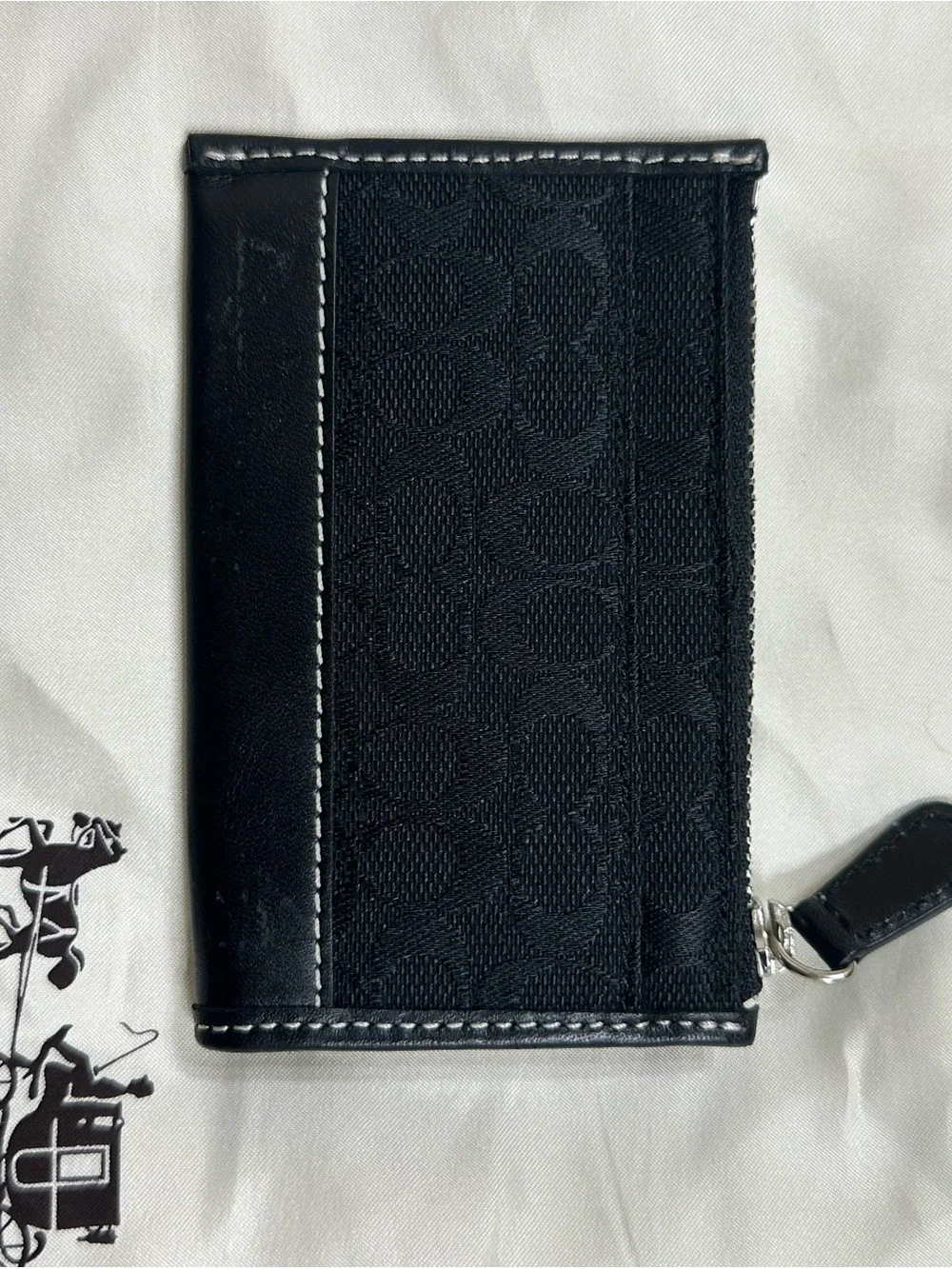 Coach Black Signature Zip Card Holder with Contrast Stitching
